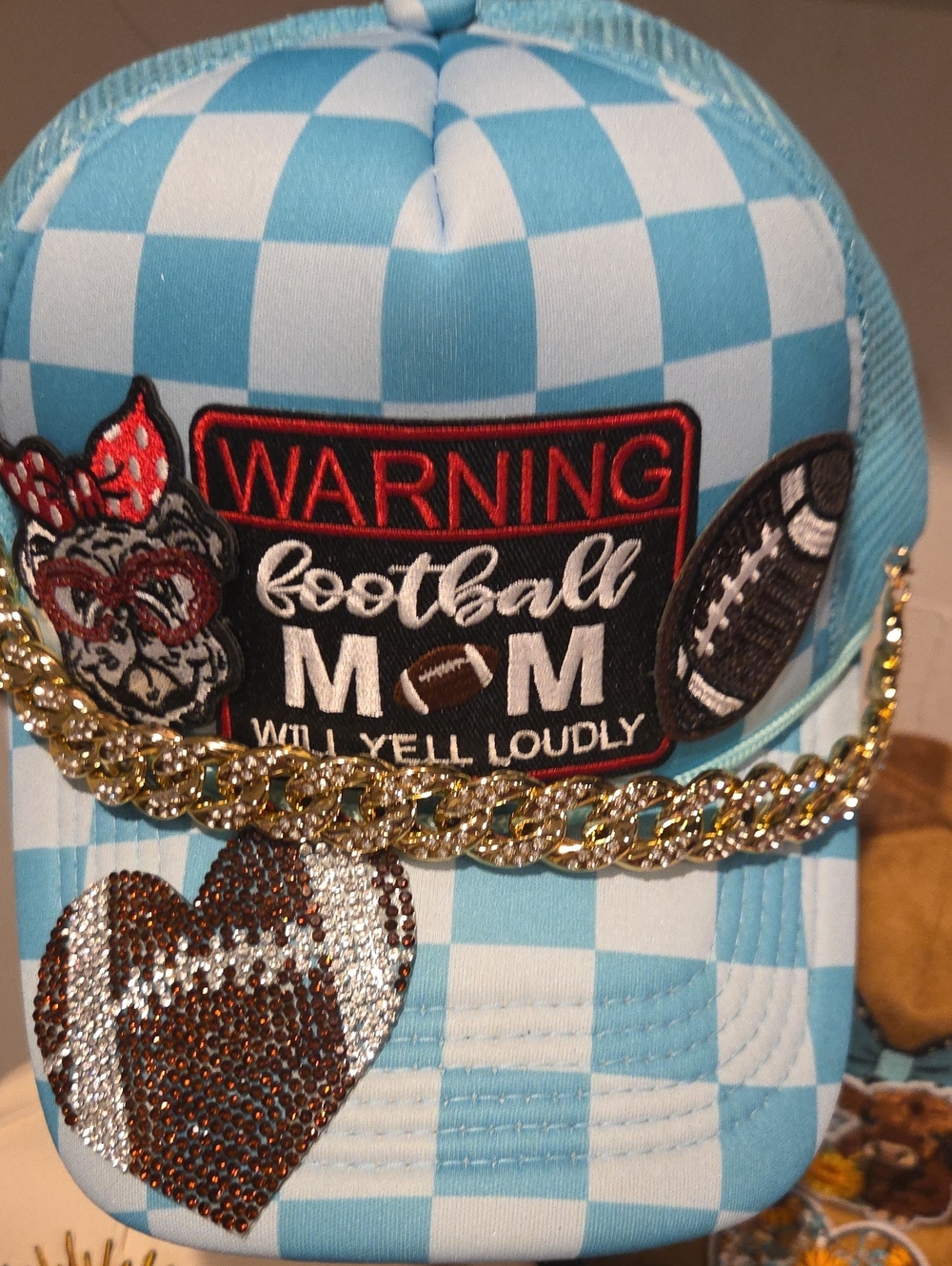 Football Mom Trucker HAT Cap - Light Blue Checker with Gold Chain